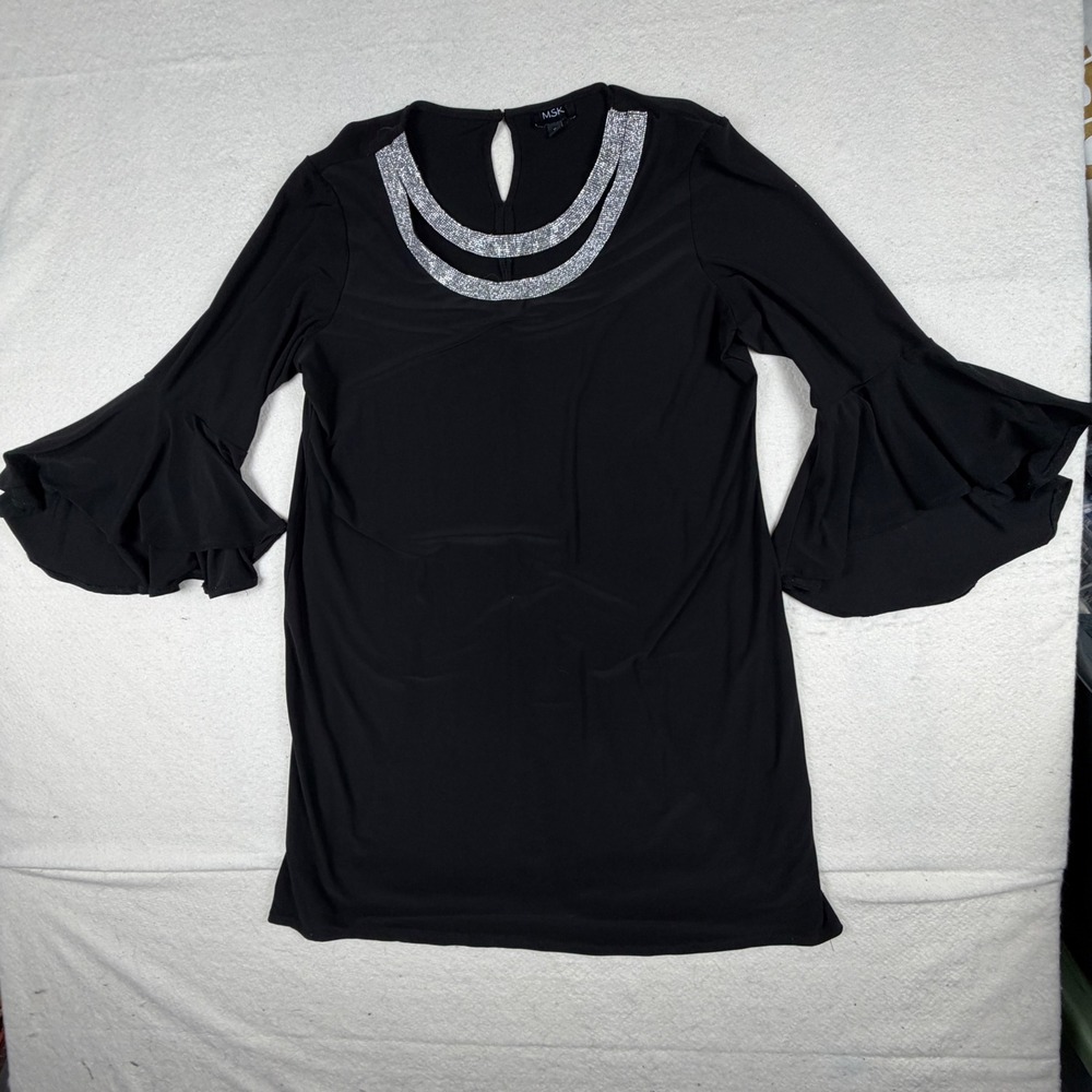 MSK Black Shift Dress Rhinestone Neckline Bell Sleeve Cocktail XL RN 90714 - Picture 2 of 7